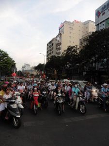 The streets lined with moped's ready for the Chinese new year fireworks in Ho Chi Minh, South East Asia